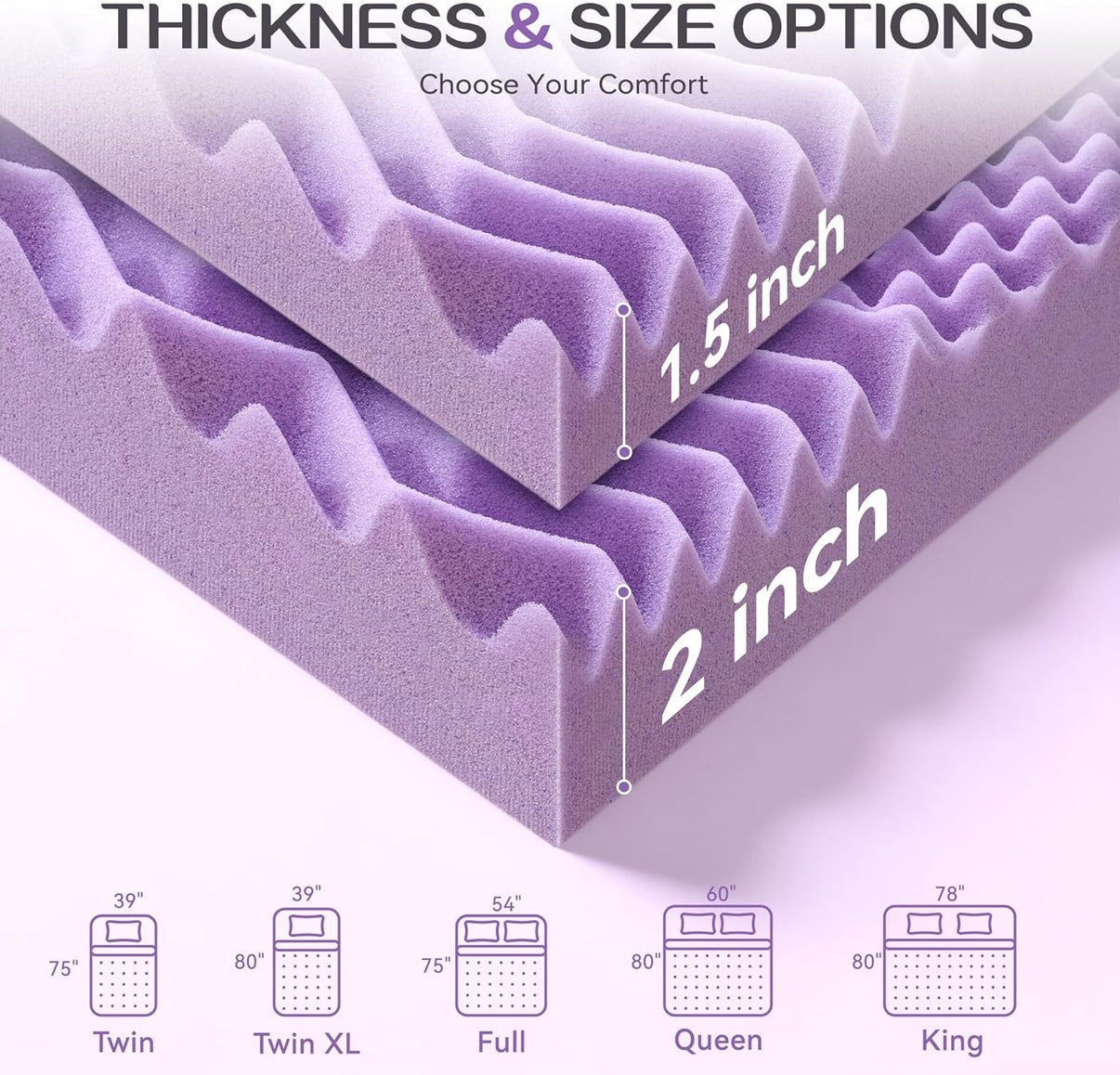 SINWEEK 2 Inch 7-Zone Memory Foam Mattress Topper Twin Size, Soft Mattress Pad for Back Pain Relief, Egg Crate Bed Topper, CertiPUR-US Certified, Violet