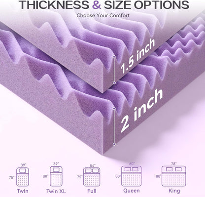 SINWEEK 2 Inch 7-Zone Memory Foam Mattress Topper Twin Size, Soft Mattress Pad for Back Pain Relief, Egg Crate Bed Topper, CertiPUR-US Certified, Violet
