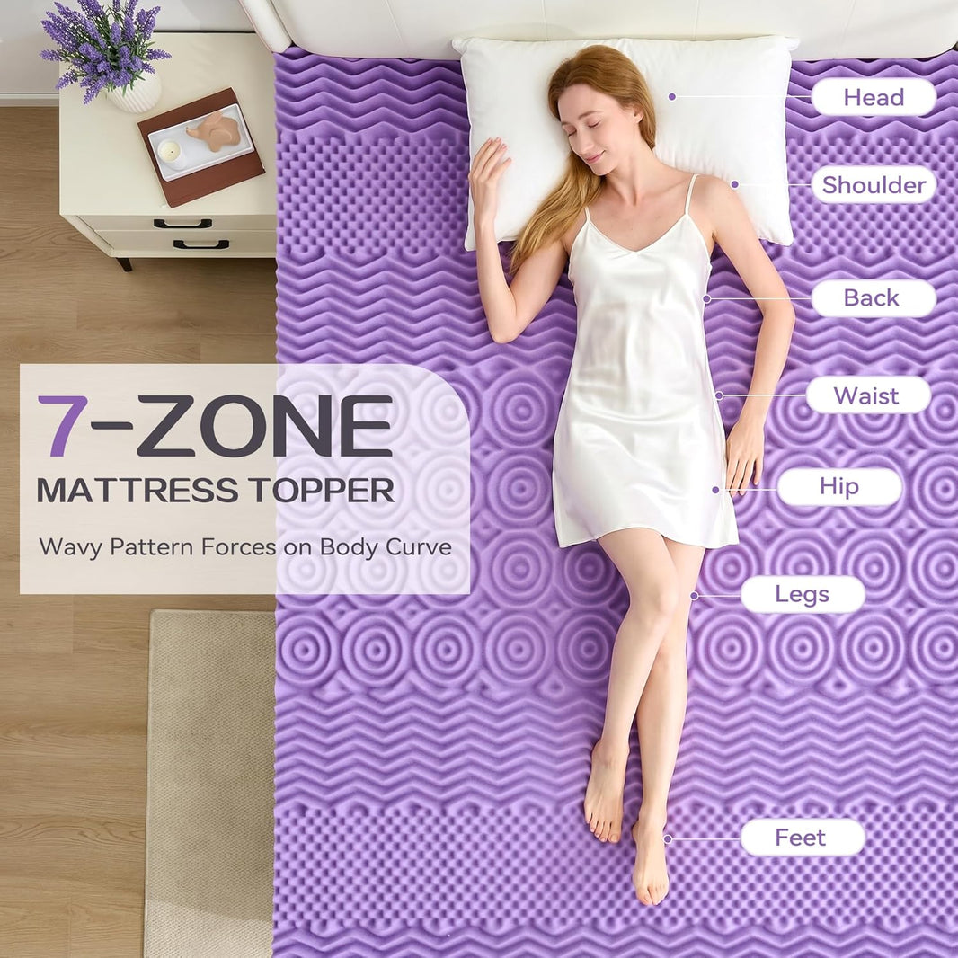 SINWEEK 2 Inch 7-Zone Memory Foam Mattress Topper Twin Size, Soft Mattress Pad for Back Pain Relief, Egg Crate Bed Topper, CertiPUR-US Certified, Violet